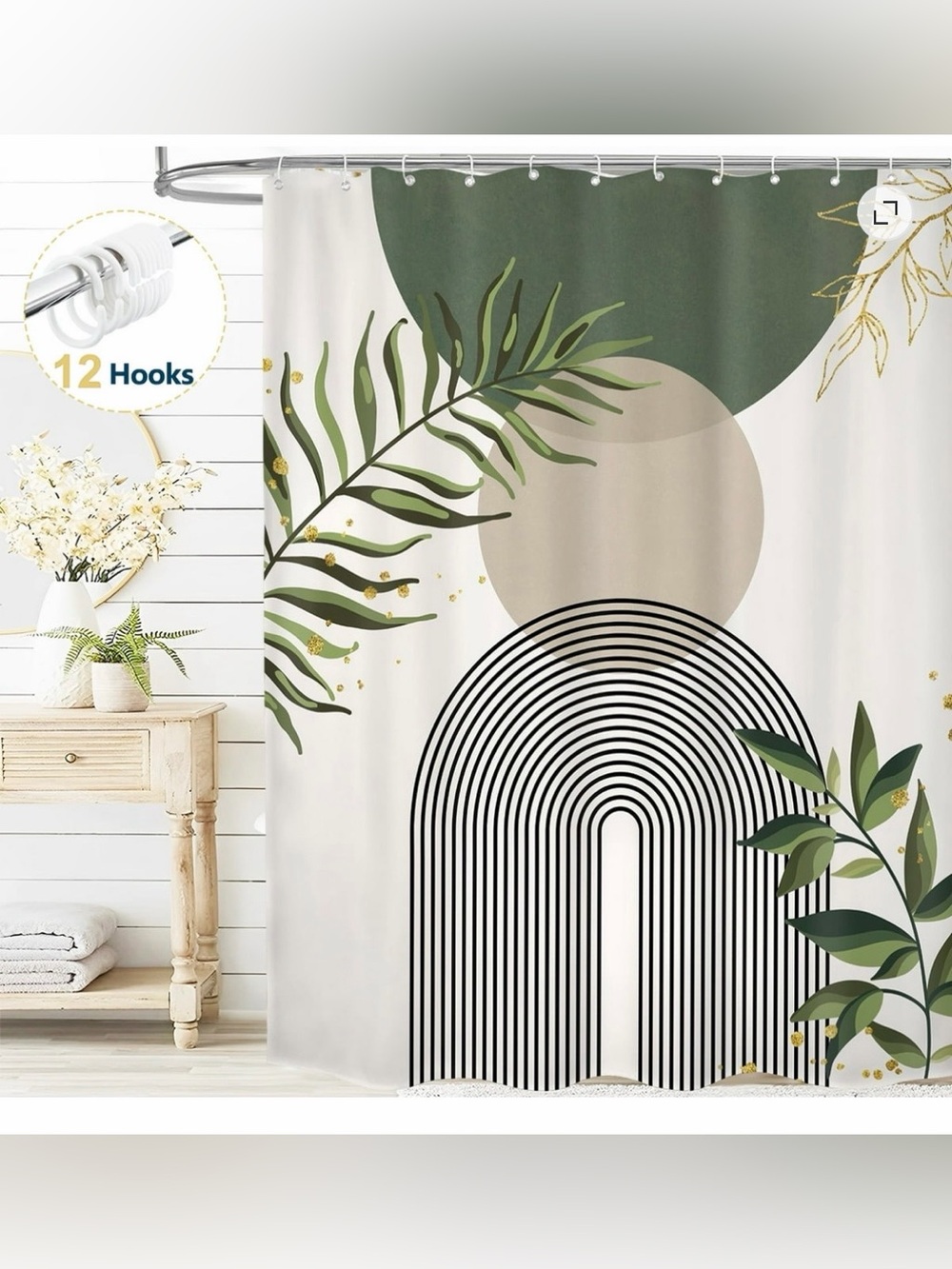 Green Boho Shower Curtain w/Hooks